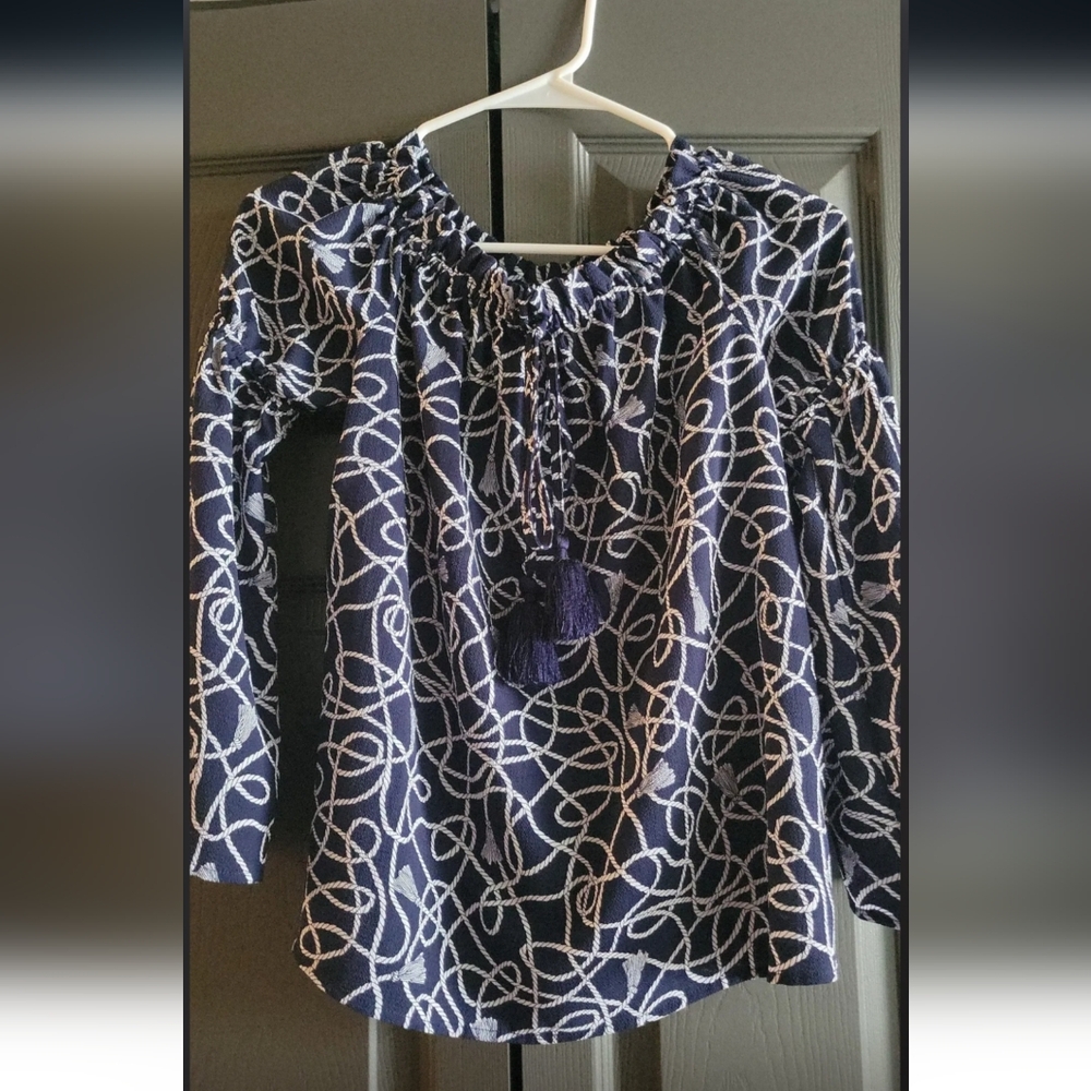 Michael Kors Navy & White Printed Bohemian Blouse with Tassel Tie